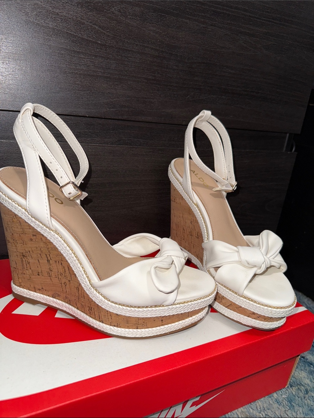 Aldo Cream Knotted Front Cork Espadrille Wedges with Ankle Strap